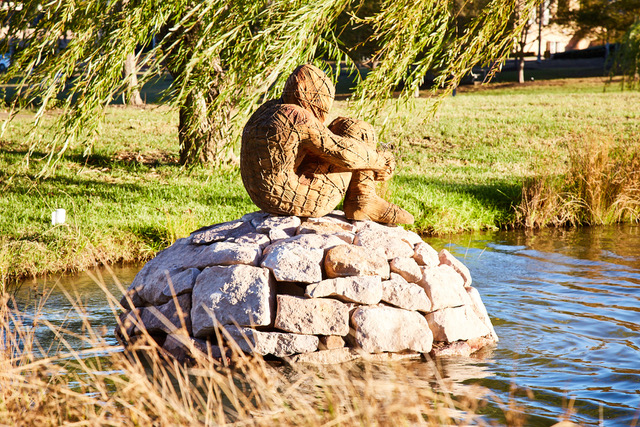 Photograph of Gimme Shelter by Michael Purdy, 2018, Radiata pine, wire, sandstone, found object