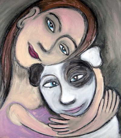 Photograph of a painting of a girl cuddling a dog